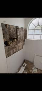 Bathroom demolition at Orlando Airbnb showing damaged insulation and rotten 2x4s before remodeling by Cornerstone Flooring
